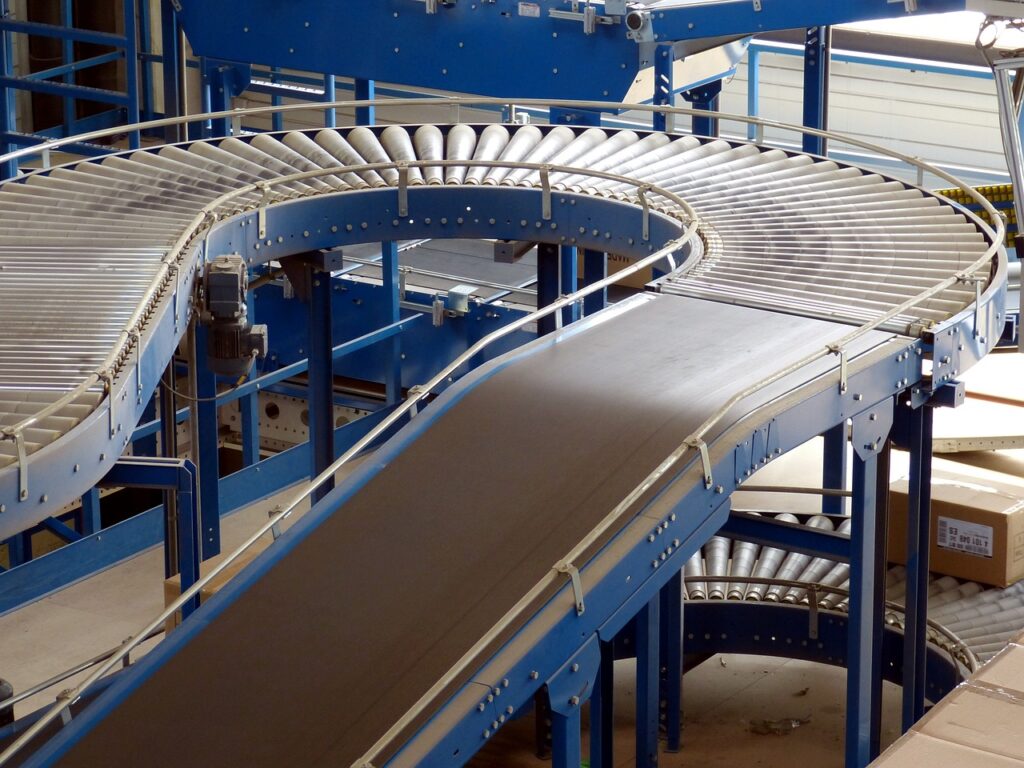 Large conveyor belt systems in a factory.